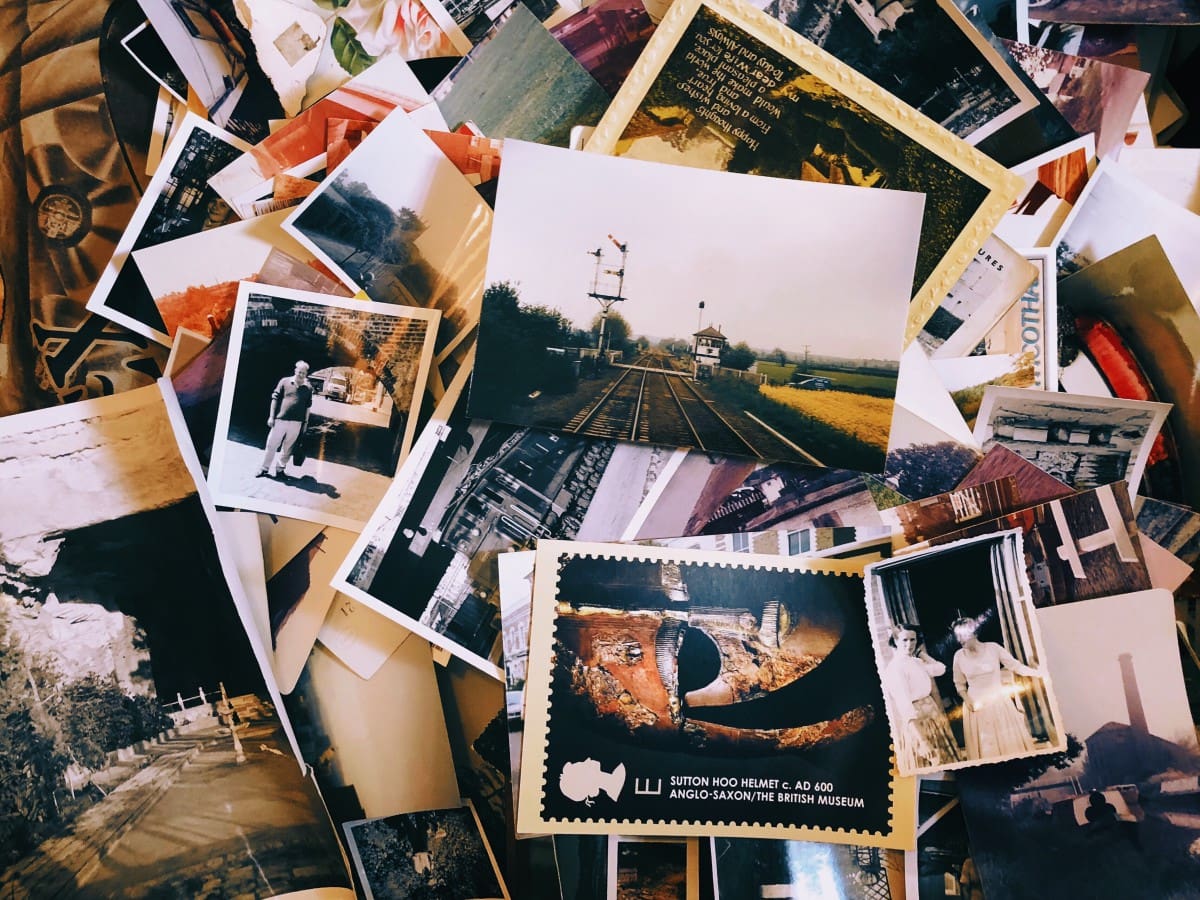 Vintage photographs scattered on a surface