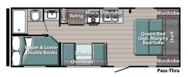Compact RV layout with kitchen and dinette.