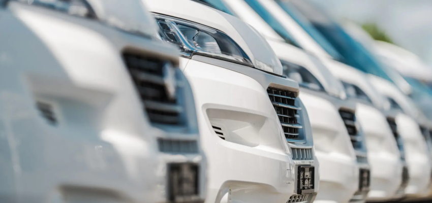 Row of white vehicles in sunlight.