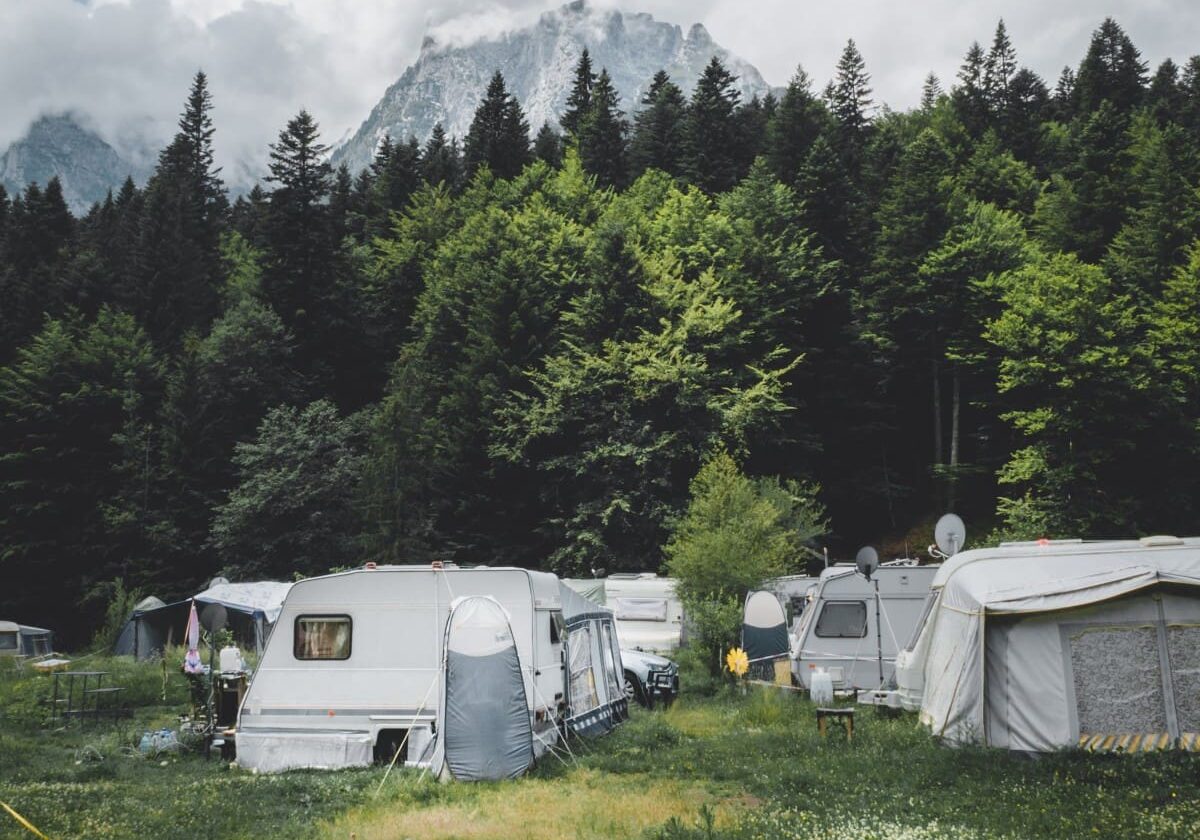 Trailers with mountain backdrop